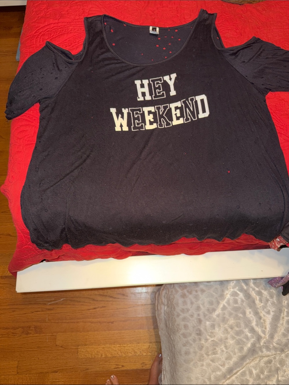 Black Cold-Shoulder Tee with 'HEY WEEKEND' Graphic